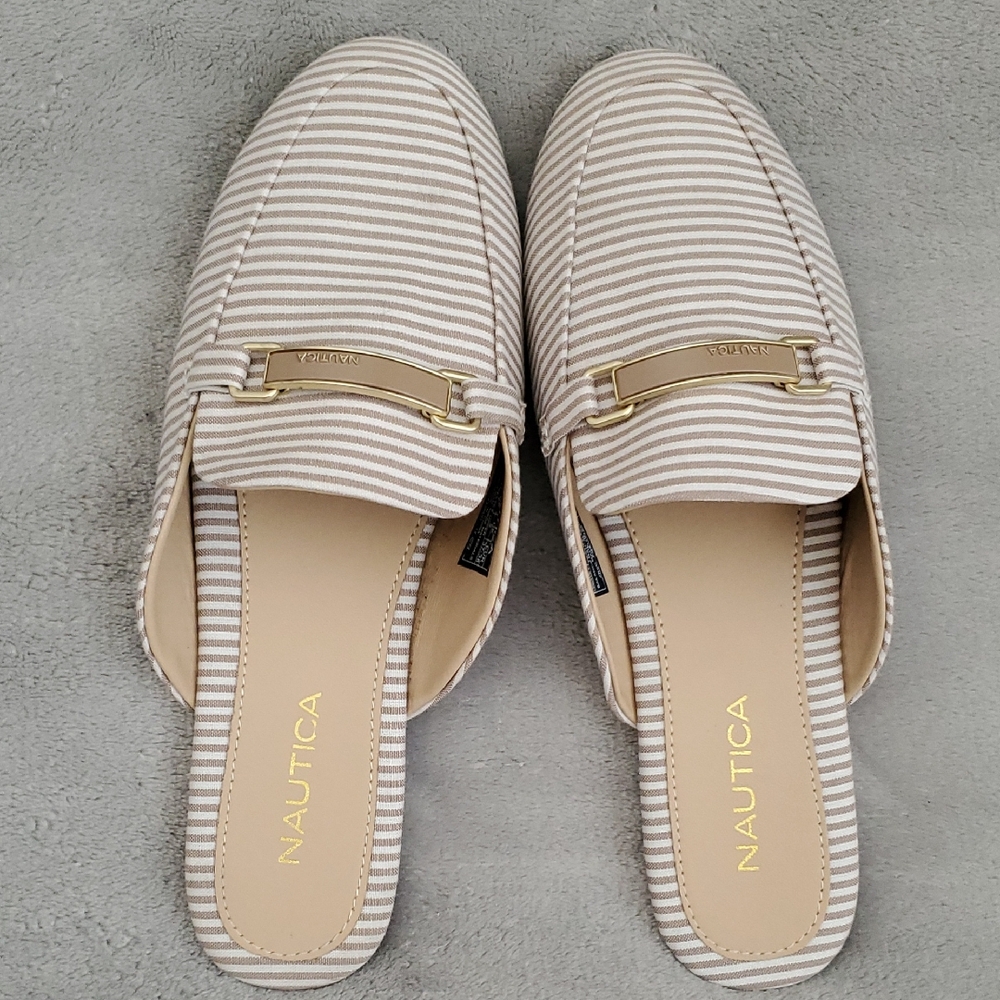🆕️ NAUTICA Labella 5 Beige Striped Fabric Loafer Mule Flat Shoes WOMENS SIZE: 7